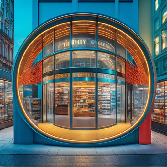 An illustration of a retail storefront with a revolving door, surrounded by swirling lines and nodes, symbolizing connections and networks, with a subtle cityscape or urban background.
