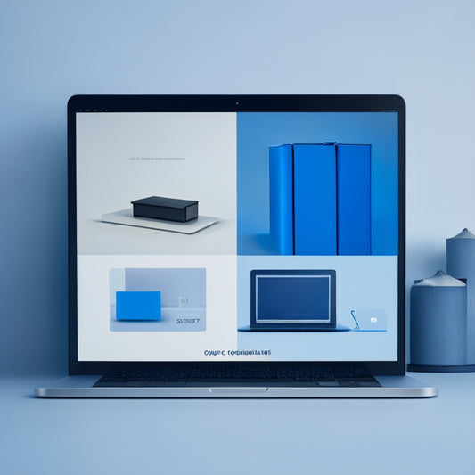 A minimalist illustration of a sleek, modern ecommerce website on a laptop screen, with a progress bar filling up and a download icon glowing bright blue, surrounded by neatly organized files and folders.