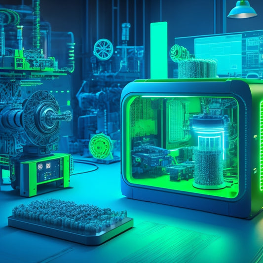 An illustration of a futuristic online store with robotic arms efficiently printing and packaging products, surrounded by swirling gears, circuits, and 3D models, set against a dark blue and neon green background.