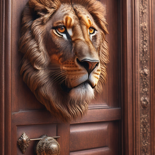 A regal, ornate, antique wooden door with a heavy iron knocker in the shape of a lion's head, slightly ajar, revealing a warm, golden light, with a subtle gradient of book spines in the background.