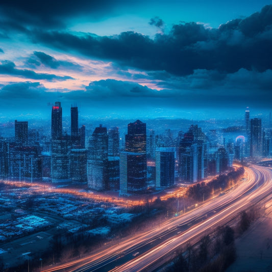 A futuristic cityscape at dusk with skyscrapers shaped like shopping carts, credit cards, and online shopping icons, surrounded by glowing circuit boards and neon lights, amidst swirling clouds of binary code.