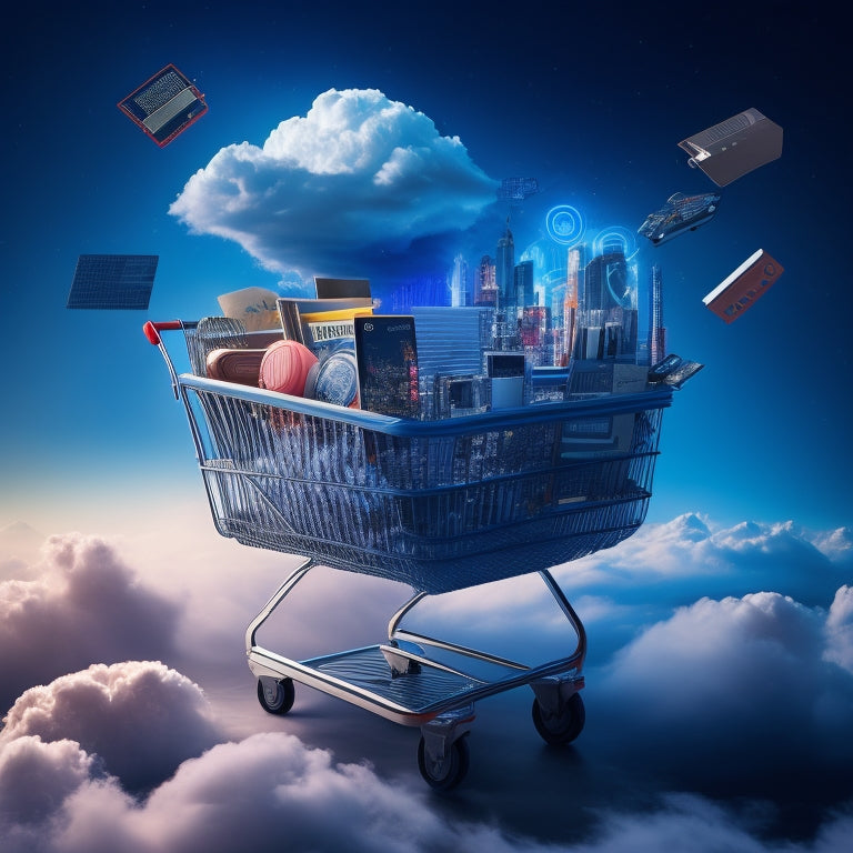 A stylized, futuristic illustration of a shopping cart overflowing with digital devices, surrounded by swirling clouds of 1s and 0s, with a subtle background of circuit boards and motherboards.