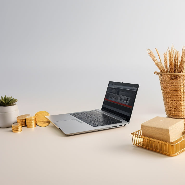A modern, minimalist illustration featuring a laptop with a split-screen display showing a commerce website on one side and a graph with ascending lines on the other, surrounded by scattered coins and a miniature shopping cart.