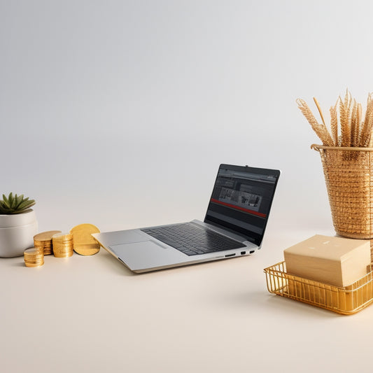 A modern, minimalist illustration featuring a laptop with a split-screen display showing a commerce website on one side and a graph with ascending lines on the other, surrounded by scattered coins and a miniature shopping cart.