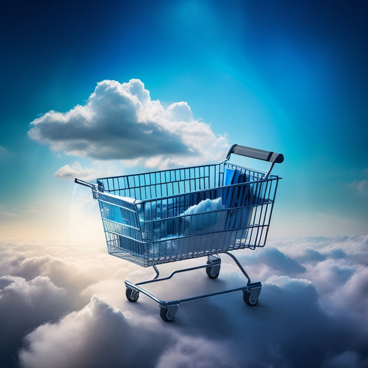 A futuristic, high-contrast illustration of a digital download icon (a stylized arrow pointing downward) surrounded by swirling clouds of 1s and 0s, with a subtle ecommerce shopping cart in the background.