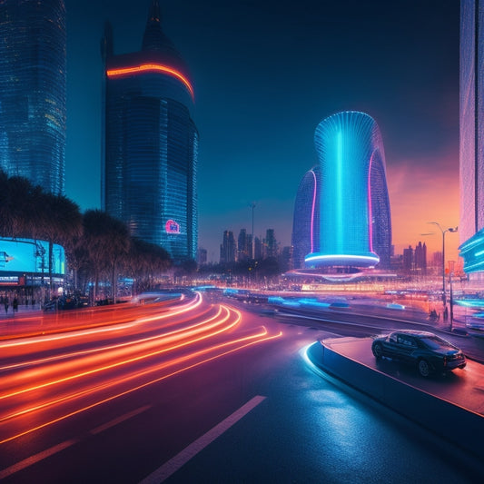 A futuristic, neon-lit cityscape at dusk, with sleek, modern buildings and a prominent, glowing Drupal logo in the center, surrounded by orbiting shopping carts and digital wallets.