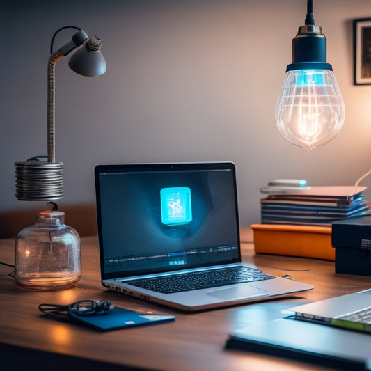 A sleek, modern laptop sits on a minimalist desk, surrounded by scattered digital devices and colorful wires, with a stylized, glowing lightbulb hovering above, symbolizing innovative ideas.