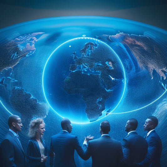 A stylized globe with glowing blue lines and dots, symbolizing connections, surrounded by diverse business professionals from different cultures and age groups, shaking hands or exchanging tablets.