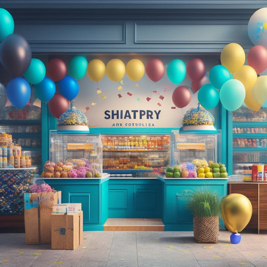 A stylized illustration of a storefront with a checkout counter in the center, surrounded by confetti and balloons, with a subtle Shopify logo in the corner, and a faint "under construction" sign on the counter.