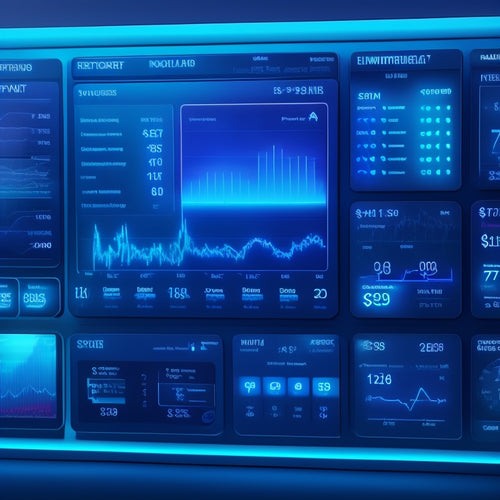 A stylized digital dashboard with various screens displaying different pricing models, surrounded by subtle currency symbols and minimalist graphs, set against a dark blue background with neon accents.