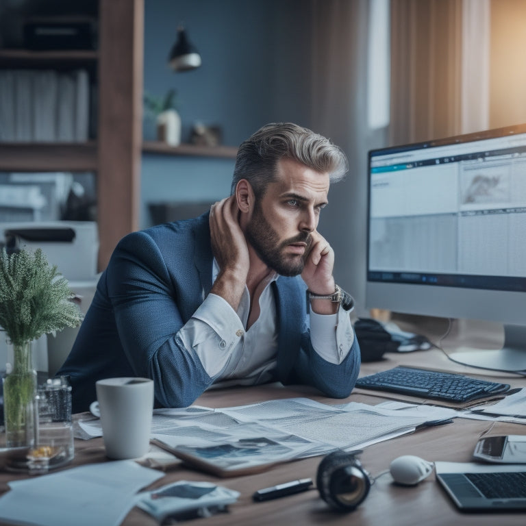 A frustrated merchant sitting at a cluttered desk, surrounded by papers and scattered reports, with a Shopify laptop screen displaying a confusing dashboard, amidst a backdrop of chaotic, swirling graphs and charts.