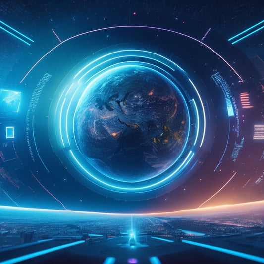 A futuristic hub with sleek, metallic surfaces and neon-lit data streams orbiting a central core, surrounded by orbiting graphs, charts, and Shopify logos in a starry night sky.