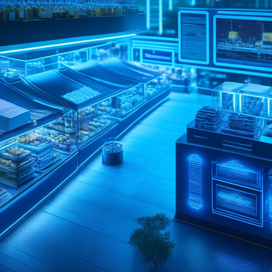 A futuristic, sleek, and modern illustration of a marketplace with various vendor stalls, each with its own unique products and branding, connected by a network of glowing blue lines and nodes.