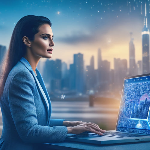 A stylized illustration of a woman standing in front of a giant laptop screen, surrounded by floating ecommerce icons, gears, and sparks, with a cityscape or global map in the background.