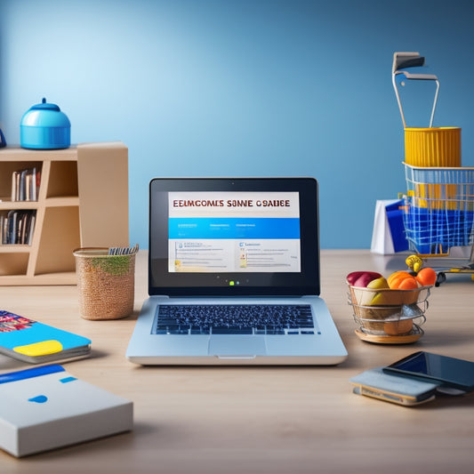 An illustration of a laptop screen displaying an ecommerce website with a shopping cart overflowing with digital products, surrounded by floating icons of online courses, ebooks, and software downloads.