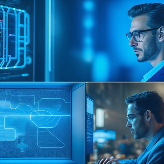 A split-screen image featuring a person surrounded by puzzle pieces and tangled wires on one side, and a sleek, organized digital dashboard with glowing blue lines and minimalist icons on the other.