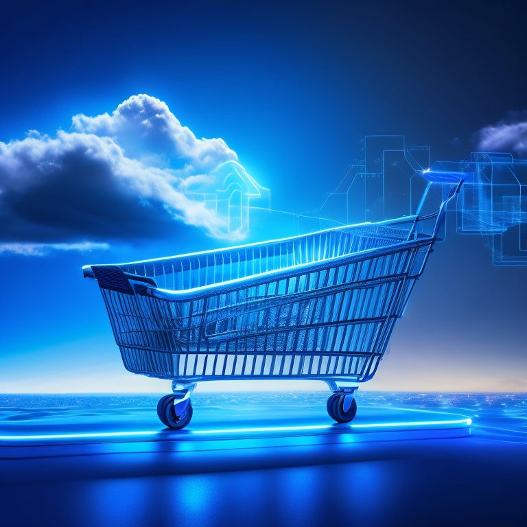 A futuristic, sleek, and modern shopping cart icon with glowing blue circuits and wires, surrounded by swirling clouds of data and code, set against a dark gradient background.