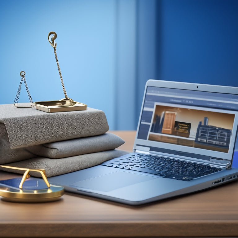 A scales of justice balancing a laptop and a package, surrounded by subtle, faded e-commerce icons, such as shopping carts and credit cards, on a dark blue or grey background.