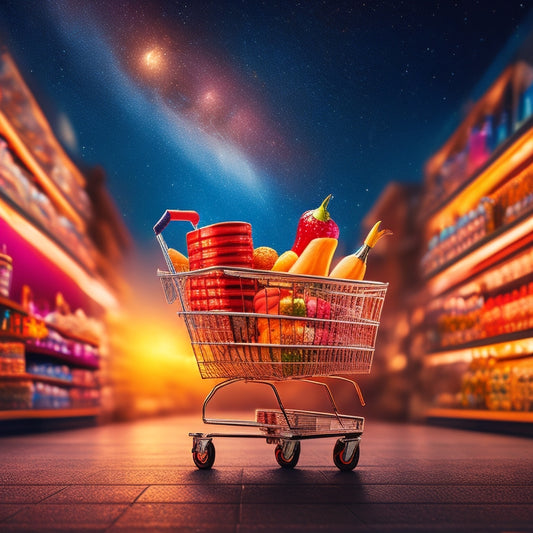 A colorful illustration of a stylized shopping cart overflowing with diverse products, surrounded by glowing star ratings, with a subtle cityscape or store shelves blurred in the background.