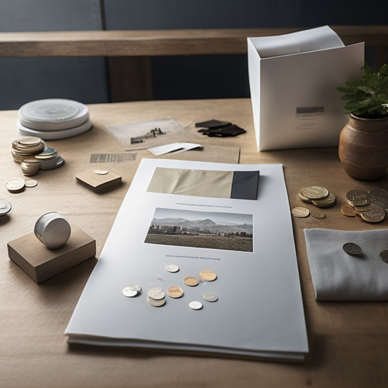 A minimalist illustration of a blank t-shirt on a wooden table, surrounded by scattered design sketches, color swatches, and scattered coins, with a faint cityscape in the background.