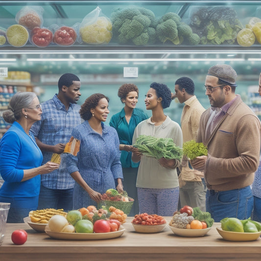 An illustration of a grocery store with 5-7 diverse shoppers, each surrounded by thought bubbles containing icons representing different buying habits (e.g. organic produce, sale items, gourmet foods).