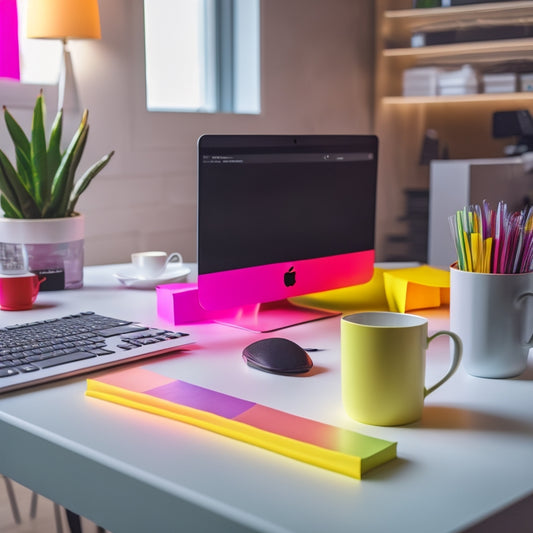 A futuristic, minimalist desk with a laptop, surrounded by colorful sticky notes and a few scattered coffee cups, featuring a wireframe model of a virtual shopping cart in the background.