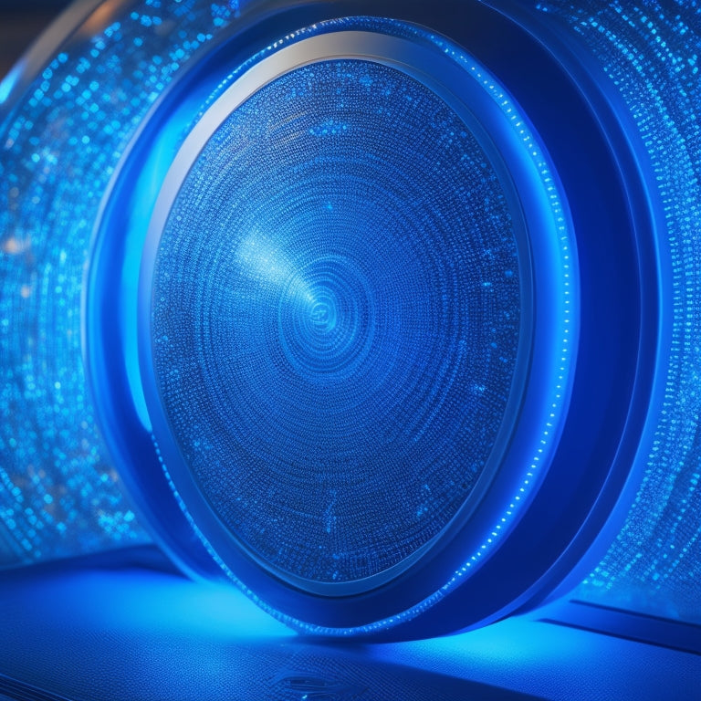 A shield with a glowing blue outline, surrounded by swirling circles of 1s and 0s, with a subtle grid pattern in the background, conveying protection and digital security.