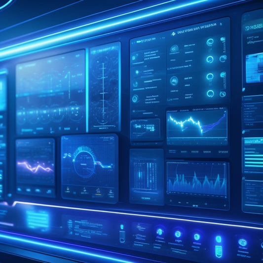 A futuristic, high-tech dashboard with glowing blue lines and circuits, surrounded by swirling clouds of data points and search icons, amidst a dark background with subtle, pulsing lights.