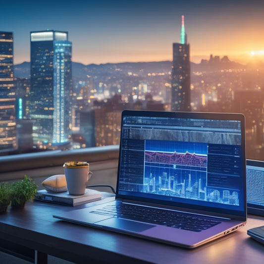 A laptop with a glowing screen displaying a successful online sale graph, surrounded by digital products like ebooks, courses, and software, with a subtle cityscape background at dusk.