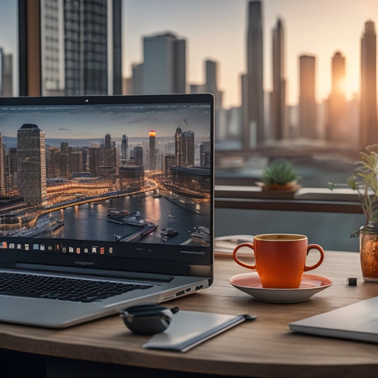 A screenshot of a laptop with a Magento dashboard open, surrounded by coding books and coffee cups, on a cluttered desk with a cityscape blurred in the background.