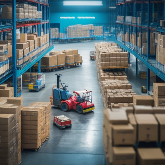 An illustration of a busy e-commerce warehouse, with shelves stacked with boxes, a conveyor belt in the center, and a forklift moving packages, surrounded by clockwork gears and cogs in the background.