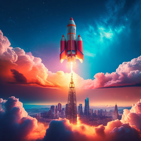 A stylized illustration of a rocket ship blasting off into the night sky, surrounded by swirling clouds of ones and zeros, with a cityscape in the background, illuminated by a bright, pulsing glow.