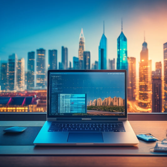 A stylized illustration of a laptop with an open e-commerce website on the screen, surrounded by ascending arrows and charts, with a subtle cityscape or office background, conveying growth and success.