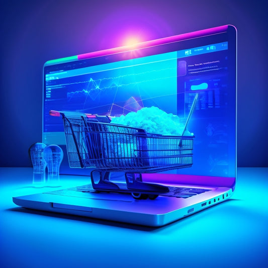 An illustration of a laptop with a shopping cart icon on the screen, surrounded by rising graphs, gears, and lightbulbs, set against a bright, gradient blue background with subtle circuitry patterns.
