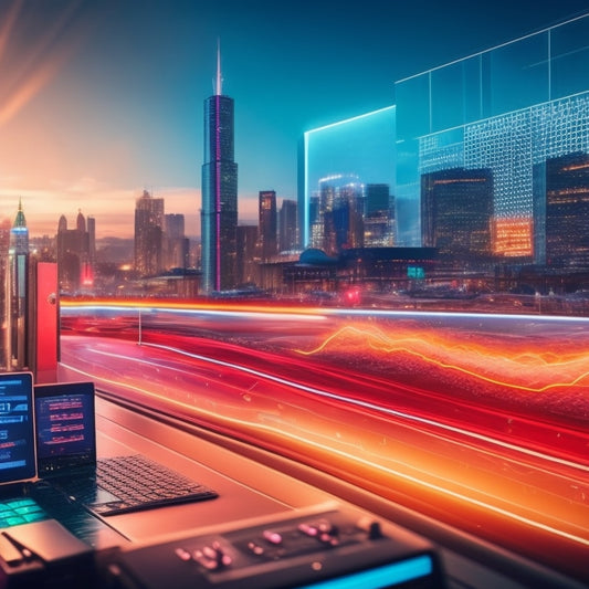 A stylized illustration of a speedy online store, with a dashboard featuring a mix of digital gauges, graphs, and charts, surrounded by sparks, gears, and a subtle cityscape in the background.