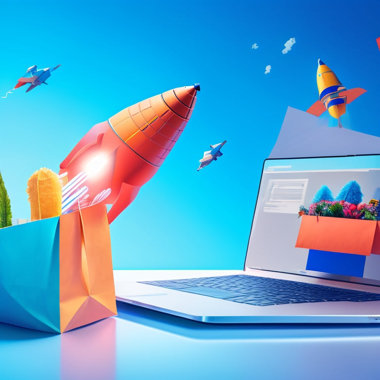 A stylized illustration of a rocket ship blasting off from a laptop, surrounded by shopping bags, arrows, and graphs pointing upwards, set against a bright blue background with subtle e-commerce icons.