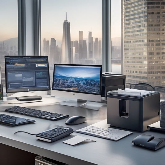 A professional, modern workspace with a sleek computer and various receipt printers of different sizes and styles, surrounded by receipts, cables, and a subtle cityscape background.