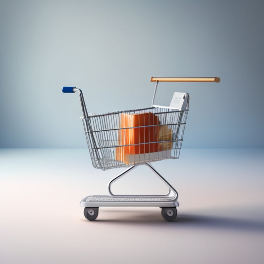 A minimalist illustration featuring a scales with a shopping cart on one side and a download symbol on the other, surrounded by subtle hints of digital circuitry and wires.