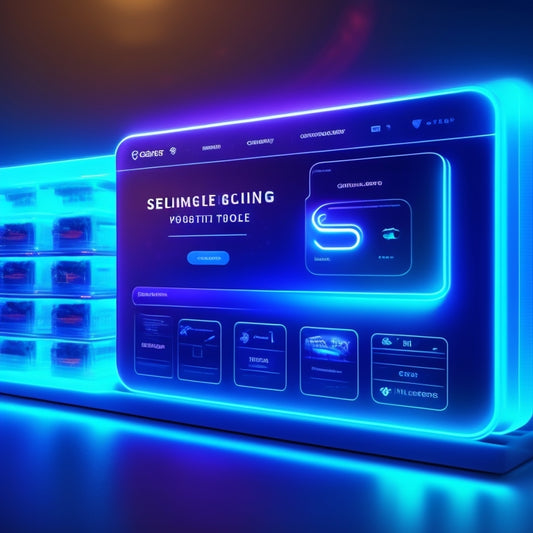A futuristic, sleek, and minimalist e-commerce platform interface with a stylized "S" logo, surrounded by orbiting digital packets and glowing neon lines, set against a dark blue gradient background.