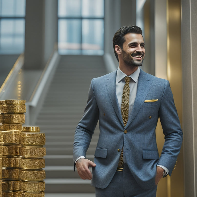 A professional businessman standing in front of a large, ascending staircase made of gold coins, with a confident smile and a briefcase in hand, surrounded by a blurred cityscape.