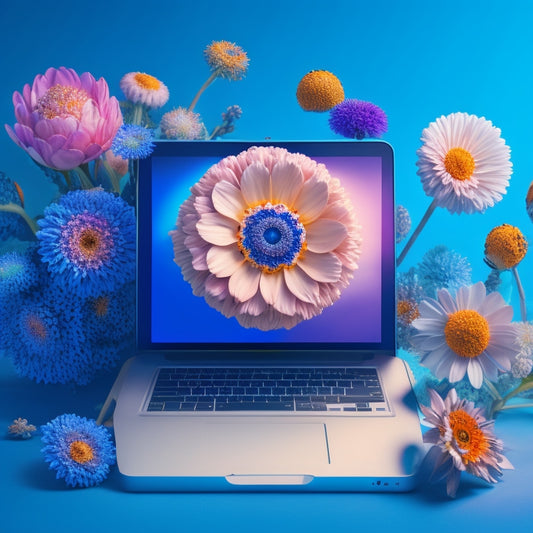 A stylized illustration of a blooming flower with petals shaped like laptops, surrounded by orbiting gears and sparks, set against a bright blue background with subtle gradient effects.