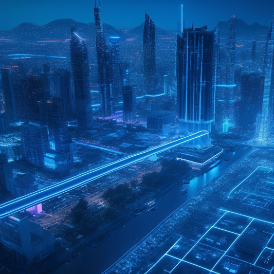 A futuristic, neon-lit cityscape with sleek skyscrapers and hovering drones, surrounded by orbiting shopping carts, laptops, and smartphones, all connected by glowing blue circuits and wires.