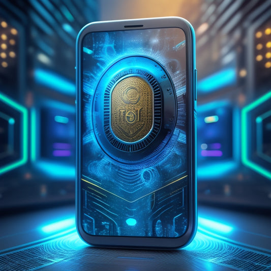 A futuristic illustration of a smartphone with a shield icon on the screen, surrounded by swirling patterns of 1s and 0s, with a subtle grid of locks in the background.