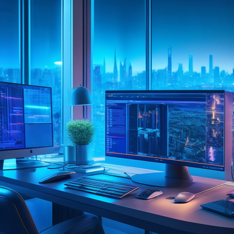 A futuristic workstation with a merchant's laptop, surrounded by swirling digital product mockups, coding screens, and e-commerce analytics graphs, set against a neon-lit cityscape background.