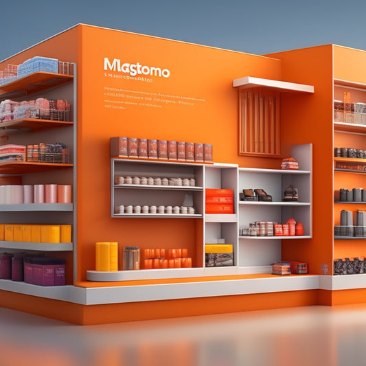 A stylized illustration of a Magento storefront with various product types (simple, configurable, bundled, grouped, virtual) displayed on shelves, each with distinct icons and subtle animations.
