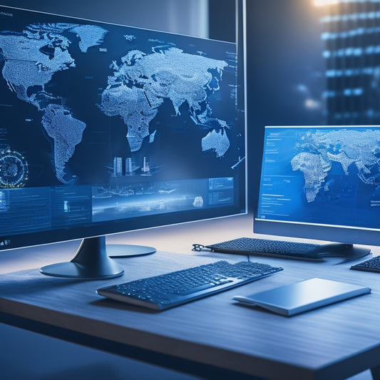 A futuristic, sleek online shopping platform with a global map in the background, surrounded by swirling digital patterns and 3D product models floating above a minimalist, modern desk.