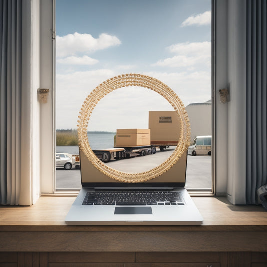 A minimalist illustration of a laptop, surrounded by concentric circles of decreasing size, each containing a few floating digital files, with a faint outline of a delivery truck in the background.