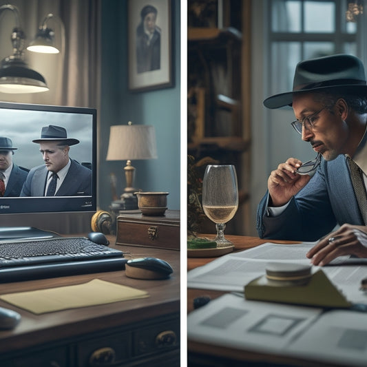 A split-screen image: on the left, a magnifying glass zooms in on a suspicious online order on a computer screen, while on the right, a detective's desk with clues and evidence scattered around.