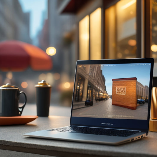 An illustration of a seamless transition between a laptop screen displaying an ecommerce website and a physical storefront, with identical branding and products, in a blurred urban background.