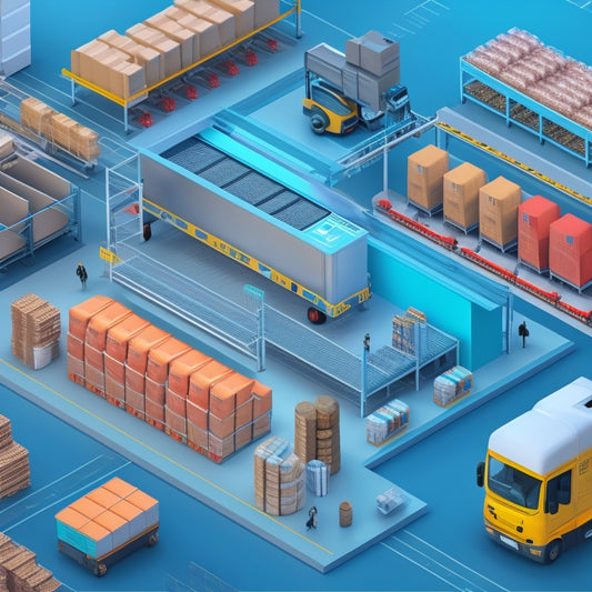 A stylized illustration of a seamless ecommerce fulfillment process, featuring a sleek warehouse with automated robots, organized shelves, and a conveyor belt, surrounded by speedy delivery vans and satisfied customers.